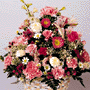 Basket arrangement with Sweetheart Roses, Statice, Larkspur, Alstroemeria