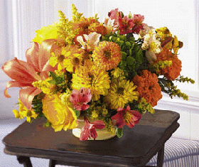 fall basket arrangement with autumn flowers