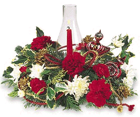 Christmas hurricane arrangement with red carnations, white mums and Christmas greens